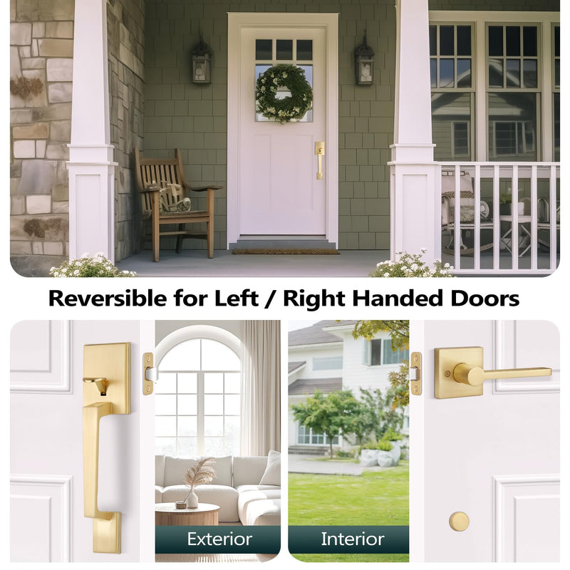 EHOMEWARE Gold Front Door Handle, Exterior Door Handle No Lock, Heavy Duty Entry Door Handleset, Reversible Door Lever for Left/Right Handed Doors, Satin Brass Finish
