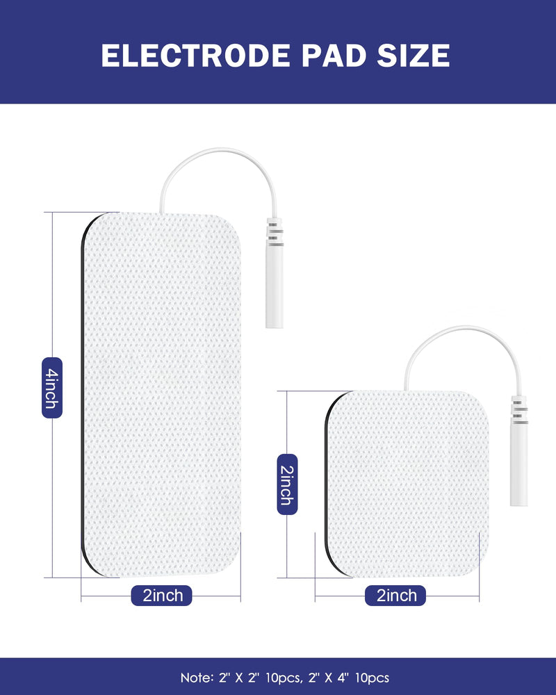 TENS Unit Replacement Pads, Nursal Reusable Self-Adhesive Electrodes Pads 20 Packs 2x2” 2x4”, Latex Free Pigtail TENS Pads, Compatible with TENS 7000, AUVON TENS, Etekcity, Nicwell Care Tens