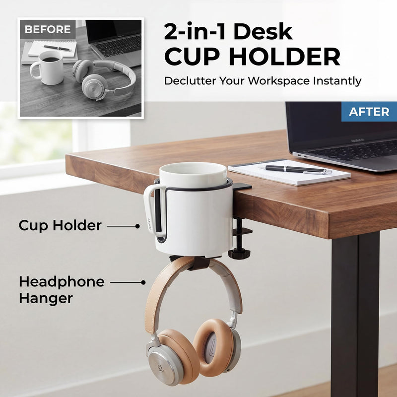 GUNKING Luxury 2-in-1 Anti-Spill Cup Holder with Under Desk Headphone Hanger (White) WHITE