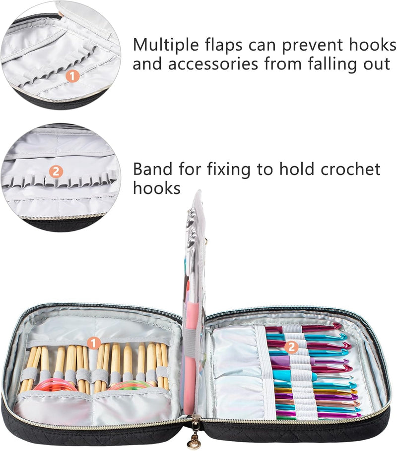 YARWO Crochet Hook Case, Travel Organizer Bag for Crochet Hooks, Aluminum Crochet Hooks, and Crochet Supplies, Black (Bag Only)