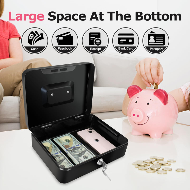 8" Cash Box with Money Tray | Metal Money Safe Lock Box Storage with Key for Valuables | Five Compartment Cash Tray Coin Drawer | 7.79"x6.30"x3.34" | Black Medium