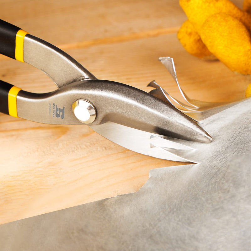 8 Inch Straight Pattern Tin Snips Metal Cutters, High Strength Forged and Heat Treated Carbon Steel with Comfortable Black Rubber Handle 8 Inch