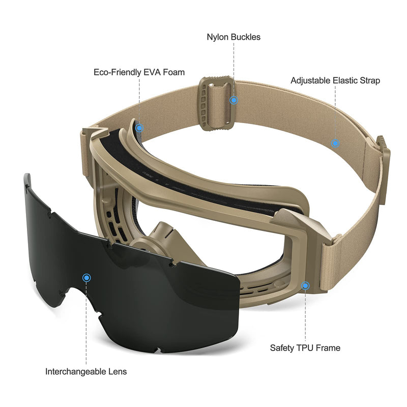 xaegistac Tactical Airsoft Goggles Anti Fog Military Glasses, Ballistic Safety Goggles for Shooting Hunting Khaki