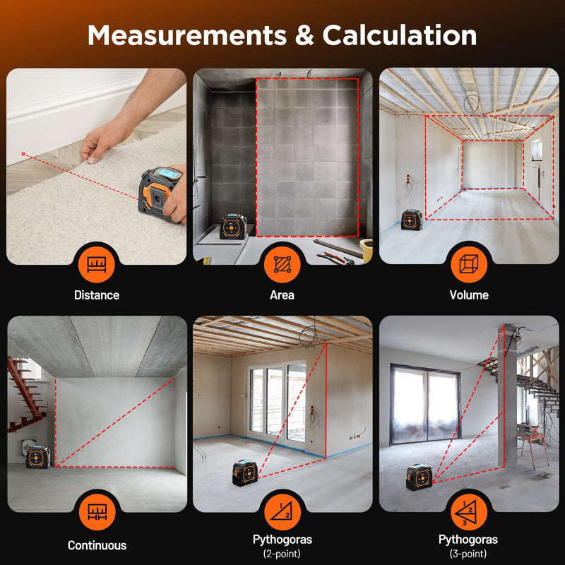 Laser Tape Measure 197Ft Laser Measurement & 16Ft Manual Measuring Digital Tape Measure Support to Pythagorean Mode, Area, Volume, Ft/Ft+in/in/M Unit Distance Meter for Woodworker Tool
