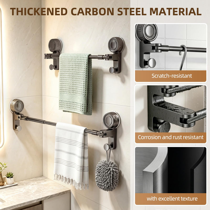 Adjustable Suction Cup Towel Bar for Bathroom Wall, 20-34" Extendable Carbon Steel Towel Racks, Space Saving Grey Bath Towel Holder with Hooks, No-Drill Mounted (20-34IN, 1-Tier) 20-34IN