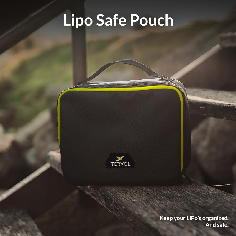 Torvol – LIPO SAFE BAG, Compact LiPo Battery Bag Fireproof, Stores up to 15 LiPo Batteries, Compatible Quad PITSTOP Backpacks, Battery Storage Organizer, 11 × 26 × 20 cm, Black & Green