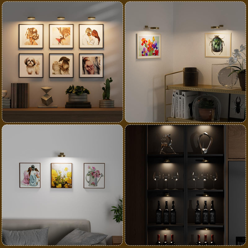 Picture Lights for Wall Battery Operated,4-Pack Magnetic Battery Operated Picture Light,Dimmable Timer Wall Lights for Pictures on Wall,Art Light for Picture Frame,Gallery,Portrait,Puck Lights, Gold 4-Pack