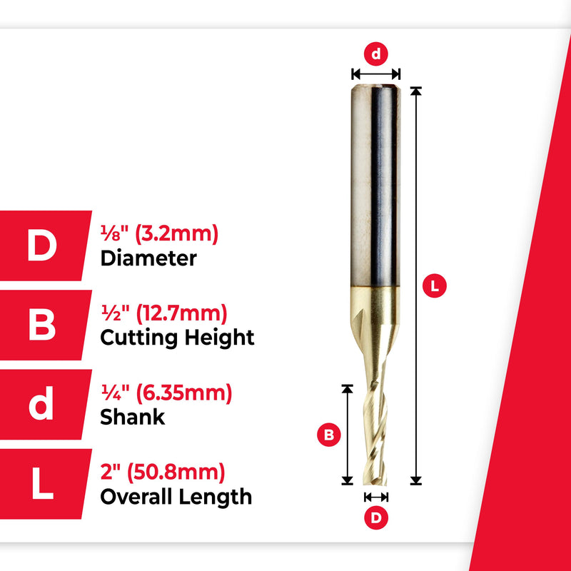 Amana Tool CNC Solid Carbide Up-Spiral Router Bit for Composite, Fiberglass, Phenolic, ZrN Coated, 46040, 1/8 Dia x 1/2 x 1/4 Shank x 2 Inch Long