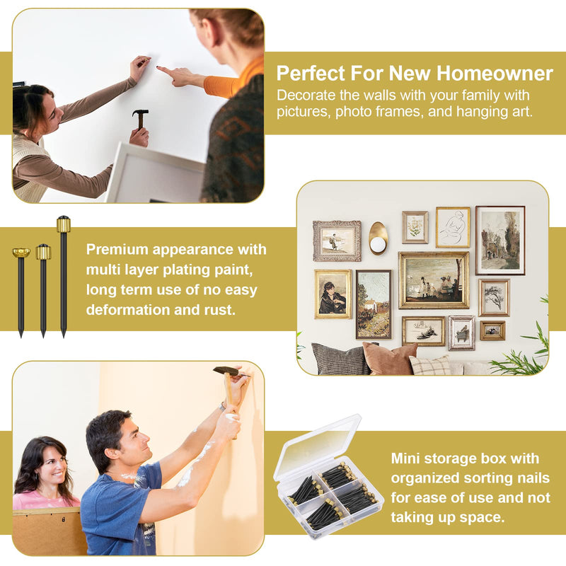90PCS Picture Hanging Nails, 3 Sizes Wall Decorative Nails for Hanging Pictures Frame Kit Hanging Hardware Tool Hangers for Claw Drywall Nails (Small Medium Large Nails) Picture Hanging Nails Kit