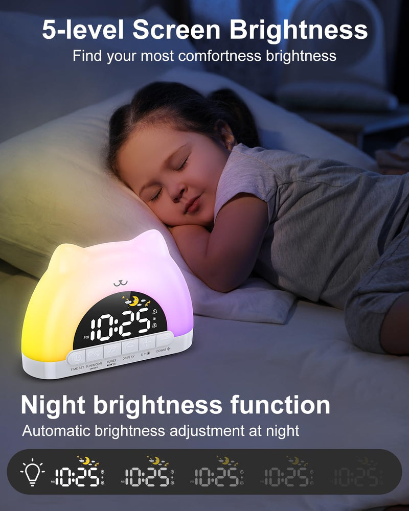 Kids Alarm Clock, Wake Up Clock with 11 Colors Night Light, Toddlers Sleep Training Clocks with 10 Ringtones, Brightness Adjustment, Dual Alarms Plug in OK to Wake Clocks for Girls Boys Contemporary