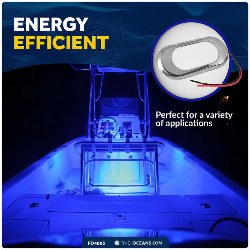 Five Oceans Ultra-Flat LED Boat Courtesy Lights, Blue - Boat Interior Lights, 12-Volt, Oculus Style 3-1/8 x 1-7/16 x 3/16 inch - Waterproof LED Marine Lights for Boats Pontoon RVs - FO4805 Blue LEDs