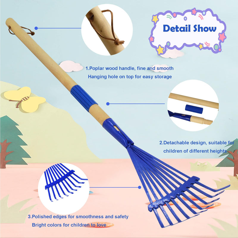 Xiando Kids Leaf Rake-Small Wooden Handle Leaf Rake with Metal Tines, 27inches /69cm Length, for Kids Enjoy Garden Cleaning Activities (Blue) Blue