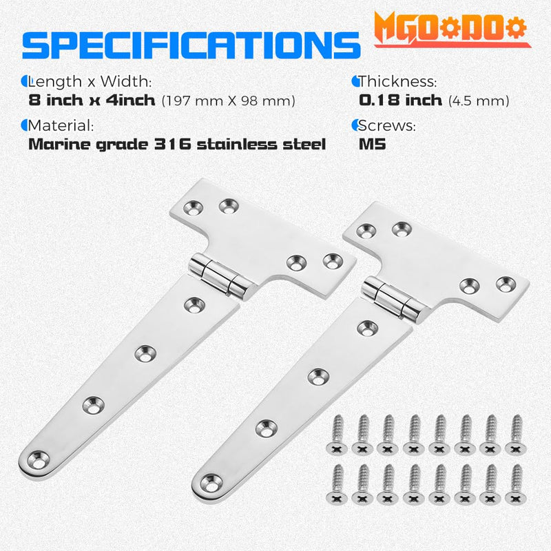 2Pcs 316 Stainless Steel T Hinges, Marine Grade Heavy Duty Boat Hatch Hinge,8" x 4" Casting Cabinet Hardware Door Hinge Marine Hardware with Screws 2Pcs 8'' x 4"