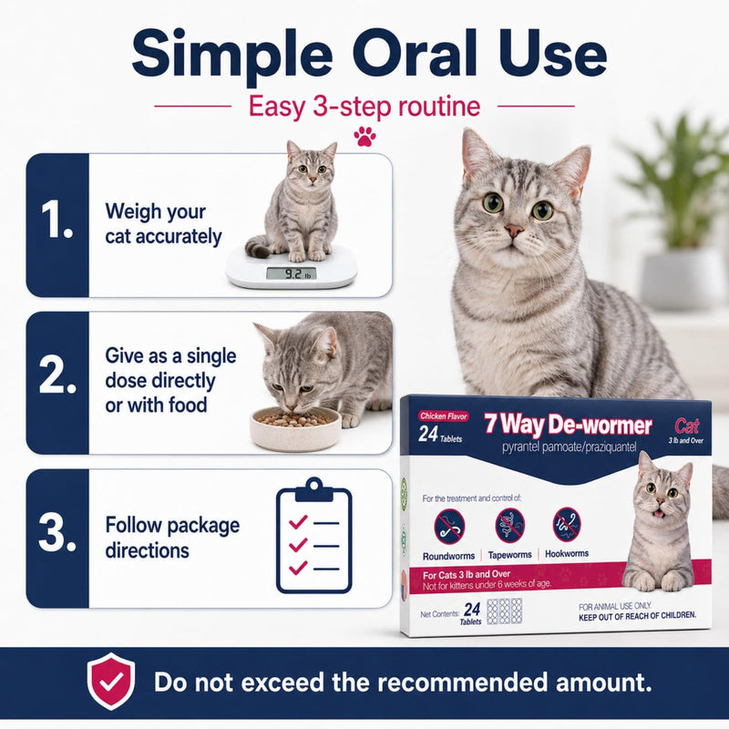 MEGEAR 7 Way De-Wormer for Cats, Chicken Flavored Tablets for Roundworms, Tapeworms & Hookworms, with Pyrantel Pamoate & Praziquantel, for Cats 3 lbs and Over, 24 Tablets