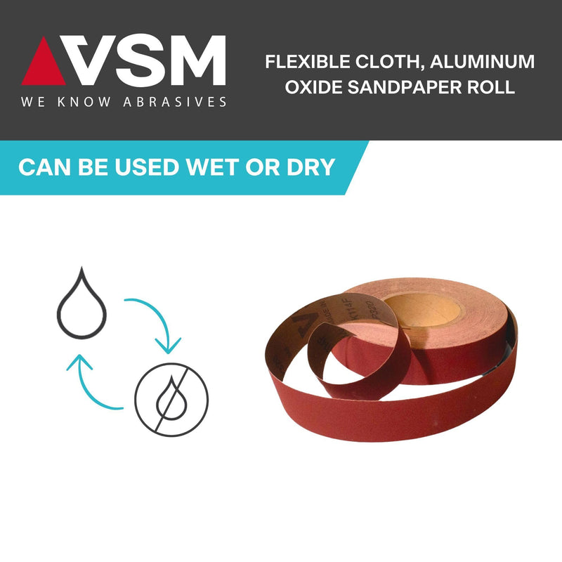 VSM 2" x 50yd (150'), 80 Grit (Medium) Aluminum Oxide Sanding Shop Roll, F-Weight Cotton Cloth Backed Sandpaper Roll for Hand Finishing, Woodworking, Metal Working, Polishing
