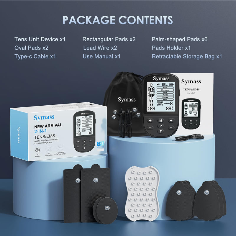 TENS Unit Muscle Stimulator, EMS Massager Machine, Dual Channel Electronic Pulse Physical Therapy Machine for Back Pain Relief, Shoulder Recovery, Muscle Relaxation, 24 Modes,10 TENS Unit Pads,Black Black