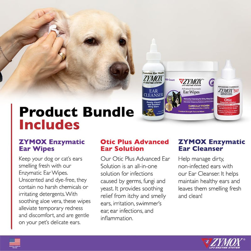 Zymox Enzymatic Ear Wipes, Ear Cleanser, & Otic Plus Ear Solution for Dogs and Cats - Product Bundle - for Dirty, Waxy, Smelly Ears and to Soothe Ear Infections - PawsPlanet Australia