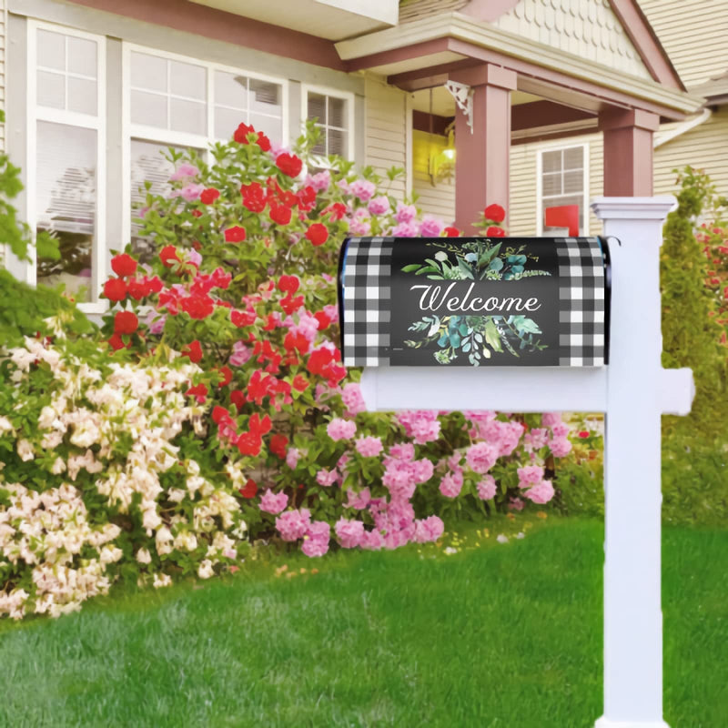 Kawani Wreath Buffalo Plaid Mailbox Covers Black White Plaid and Leaves Mailbox Cover Magnetic Welcome Mail Box Covers Garden Outdoor Decor Standard Size 21 x 18 Inchs 21x18 in Wreath Plaid