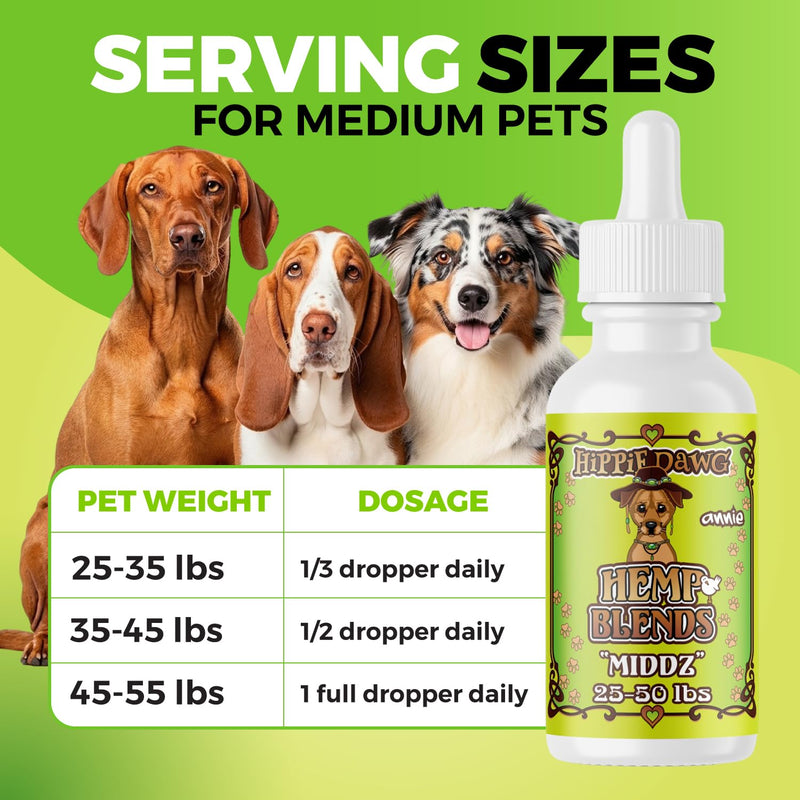 Hippie Dawg Middz Hemp Oil for Medium Dogs (26-50 lbs) - Advanced Hip and Joint Support with Glucosamine, Collagen & Hyaluronic Acid - Natural Calming Tincture for Recovery & Wellness - 1oz