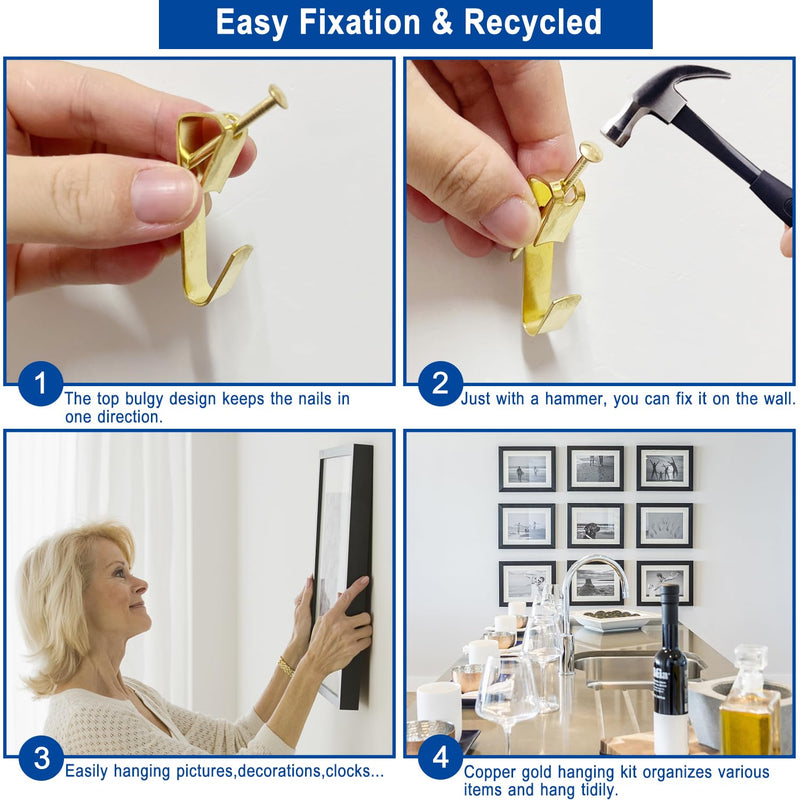 170Pcs Picture Hangers, Eivikin Picture Hanging Kit Holds 10-50lbs, Picture Hooks with Nails, On Dry Wall, Wooden Wall Gold：10-50lbs