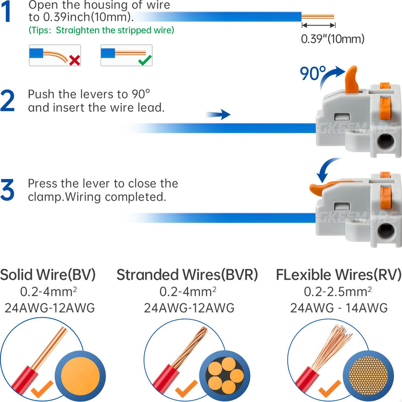 GKEEMARS 20Pcs 3 Way T Tap Wire Connectors, Quick Wire Splitter Push-in Connectors for AWG 24-12 (Orange) T3 Orange