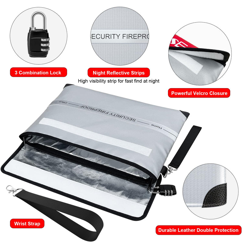 COLCASE Fireproof Document Bag with Lock 5200℉ Heat Insulated Waterproof and Fireproof Bag with Zipper Storage for Money, Documents,Passport and Valuables 15 x 11 inches 5200℉ Bag Silver