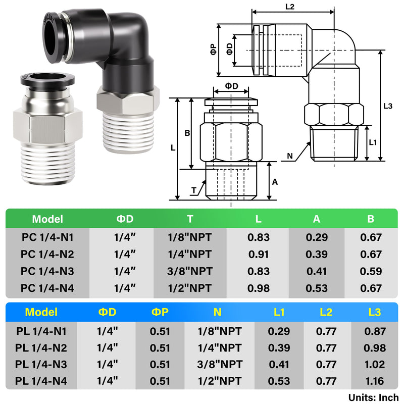 TAILONZ PNEUMATIC Elbow and Straight Combination 1/4 Inch Tube OD x 1/8 Inch NPT Thread Push to Connect Fittings PC-1/4-N1+PL-1/4-N1(Pack of 12) 1/4"OD x 1/8"NPT