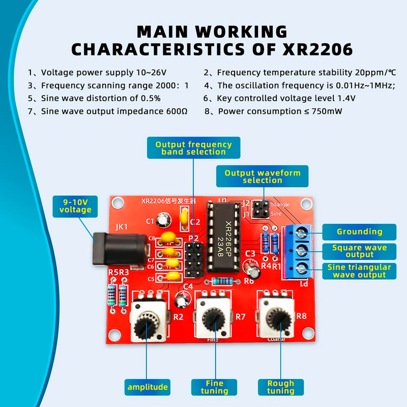 Signal Generator Kit,，2PCS XR2206 Precise Function Signal Generator Frequency Module Sine Triangle Square Output Adjustable