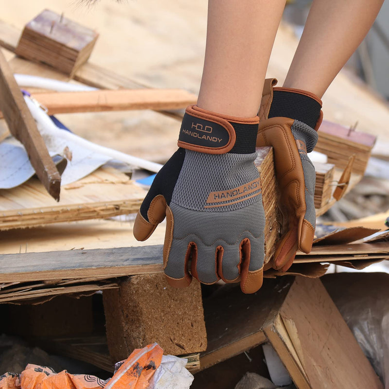 HANDLANDY Leather Work Gloves Mens & Women, Utility Safety Mechanic Working Gloves Touch Screen, Flexible Breathable Yard Work Gloves (X-Large, Brown-Cowhide Palm, Pack of 3) X-Large (Pack of 3)