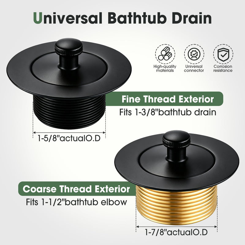 All Metal Bathtub Drain Kit,Toe Touch Tub Drain Stopper and Overflow Cover,Universal Lift & Turn Tub Drain Kit Assembly Fine/Coarse Thread(Matte Black)