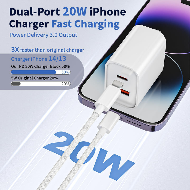 10FT iPhone Lightning Cable[Apple MFi Certified]2Pack 20W Apple Lightning Charger Dual Port USBA+C Charge Block with 10FT iPhone Fast Charging Woven Cable Cord for iPhone14/13/12/11/XS/XR/X/8/7/SE2022