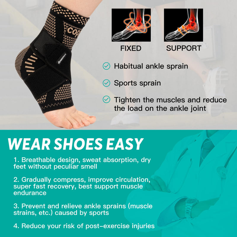 INDEEMAX Ankle Brace for Women & Men, Ankle Compression Sleeve Support Copper Infused Ankle Brace for Sprained Ankle, Plantar Fasciitis Sports, Achilles Tendonitis Pain Relief, Copper Black, M Medium