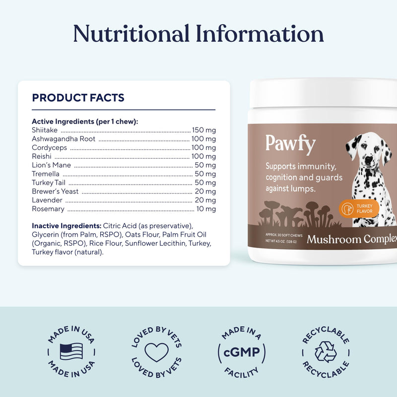 Pawfy Turkey Tail Mushroom Chews for Dogs with Lion’s Mane, Reishi & Adaptogen Blend | Mushroom Complex Dog Supplement | Supports Immune, Brain, Lumps and Bumps & Daily Wellness | 30 Soft Chews
