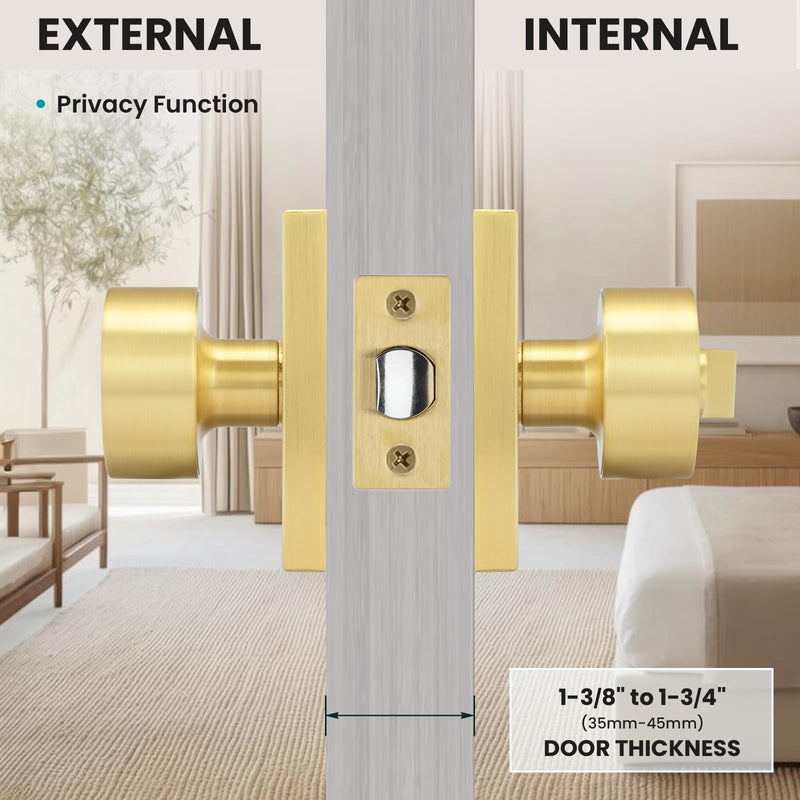 Gold Door Knob Interior Privacy, Zinc-Alloy Interior Door Knob, Heavy Duty Brushed Gold Door Knobs for Bedroom, Bathroom, 1 Pack