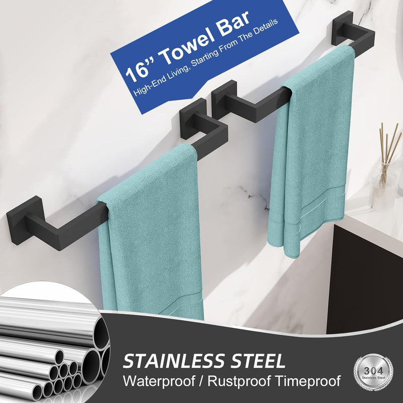 15-Pieces Bathroom Hardware Set Matte Black Bathroom Accessories Set SUS304 Towel Bar Set Includes 3 Towel Bar 16 Inch+3 Towel Holder+3 Toilet Paper Holder+6 Towel Hooks(15, Matte Black, 16 Inch) 15