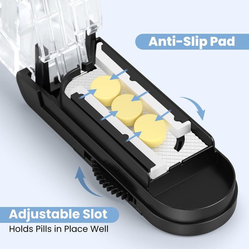 Pill Cutter for Multiple Pills at a Time, Pill Cutter Splitter for Small and Tiny Pills, Pill Cutter for Small or Large Pills, Pill Splitter with Hidden Sharp Stainless Steel Blade (Black) Black+clear