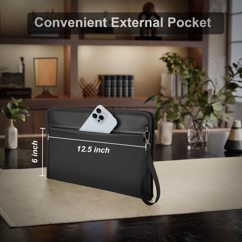 Fireproof Document Bag with Lock，13"×9.2" Fireproof Money Bag，with Zipper and Lock，Suitable for Tablets, A4 Documents, Cash, Mobile Phones, Credit Cards and Notarized Documents. Black 13*1*9 inches