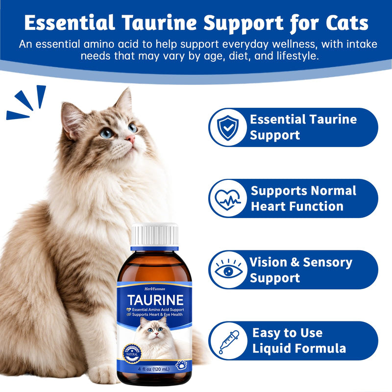 Taurine for Cats Drop 4 oz, Cats Taurine Supplement 200mg High Potency for Heart & Eye Health, Amino Acid Support for Vision & Immune System with 1ml Precision Syringe