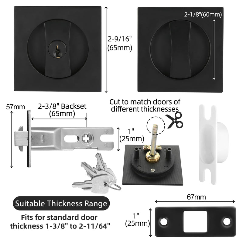 Matte Black Pocket Door Lock with Key, Pocket Door Pull Handle with Lock Square Door Lock for Privacy Sliding Door Bifold Bathroom Door Locks and Pulls Hardware Entry (with Key) Matte Black