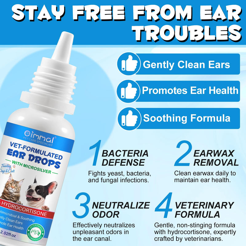 Ear Infection Treatment Drops for Dogs and Cats, Pets Ear Cleaning Solution Drops with 1% Hydrocortisone Soothing Dog Yeast Infection, Itchy Ear Relief, Pet Ear Care Supplies for Dogs & Cats - 2 fl oz