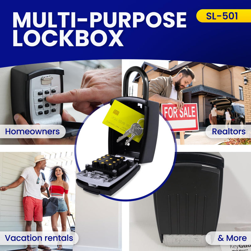 SL-501 Punch Button Lock Box | Portable Shackle LockBox For Outside - Fits House Keys, Car Keys, Fobs, & More | Keypad Safe Box, Digital Push Button Combination Lock | Black Finish 1