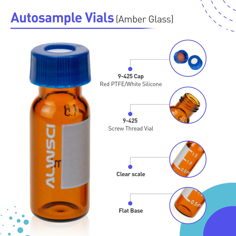 ALWSCI Ultraclean Vials for Chromatography Kit, 2 ml 9 mm HPLC Vial, Amber Autosampler Vial with Graduation, 9-425 Blue Screw Cap with Hole, Red PTFE&White Silicone Septa, 100 of Pack