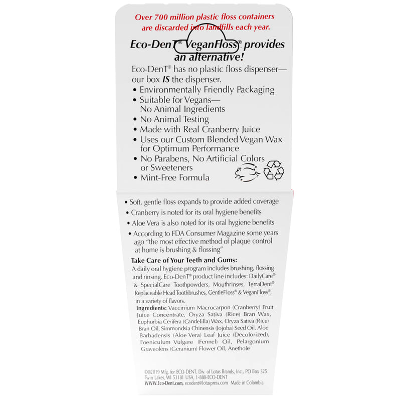 Eco-Dent VeganFloss Dental Floss, Waxed, Cranberry-Aloe - Floss with Vegan Plant-Based Wax, Recyclable Cardboard Packaging, 100 Yds (Pack of 6) 100 Yards (Pack of 6)