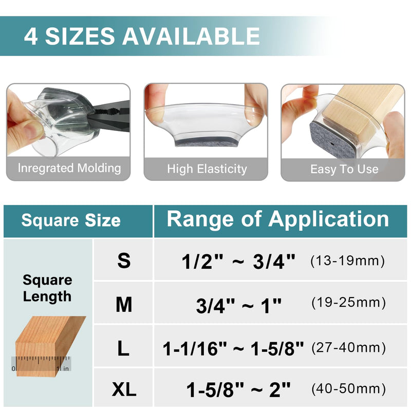 24 Pcs Chair Leg Floor Protectors Square, Silicone Felt Furniture Leg Pads Caps Covers for Hardwood Floors (Fit:1-1/16" to 1-5/8") Large-Clear