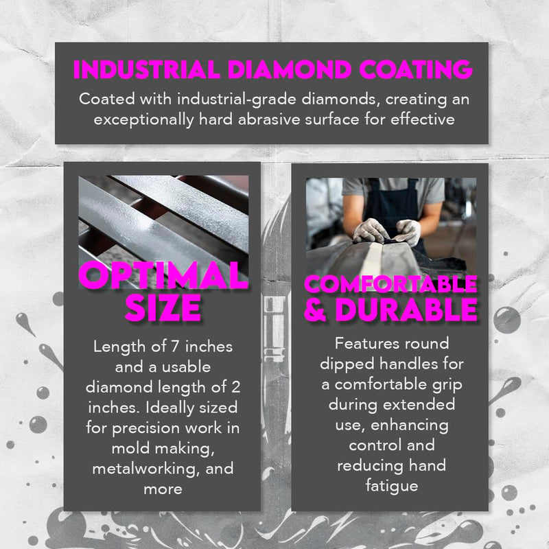 SE 74330DF 6-Piece Flat Diamond Grit File Set - Multi-Grit for Metals, Glass, Stones - 7" Length, 2" Diamond Surface, Round Handles - Includes PVC Pouch