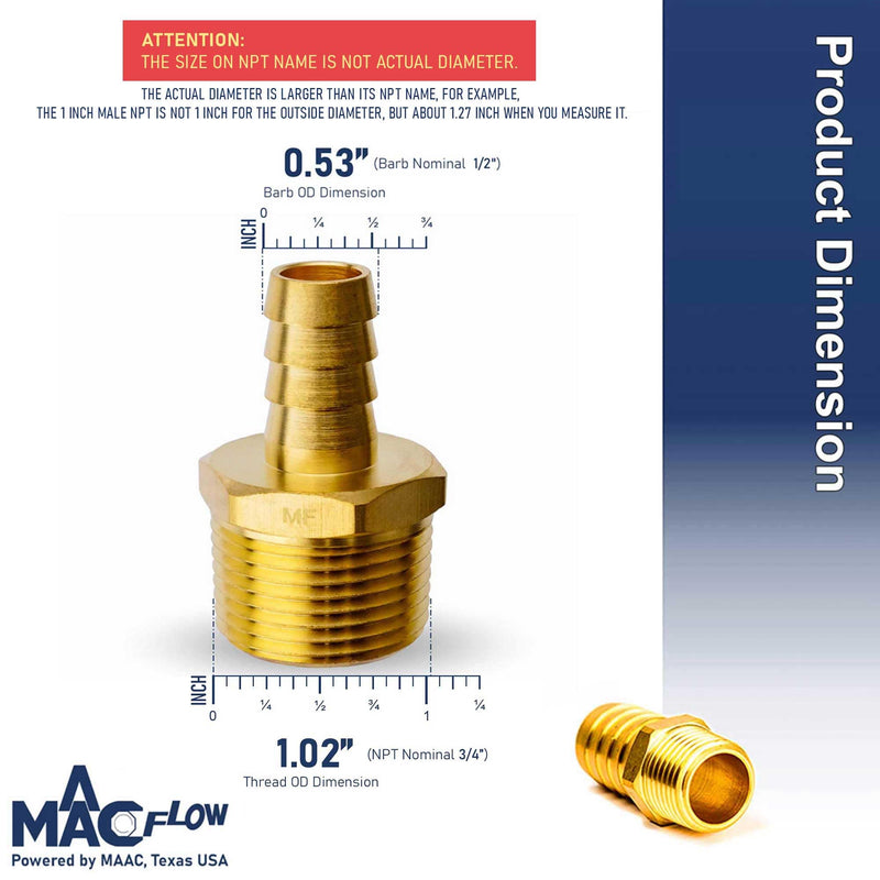 MAACFLOW Brass 3/4" Male NPT to 1/2" Hose ID Barb Barbed Hose Fitting Adaptor Connector (Pack of 1) 1/2" Barb x 3/4" Male NPT Pack of 1