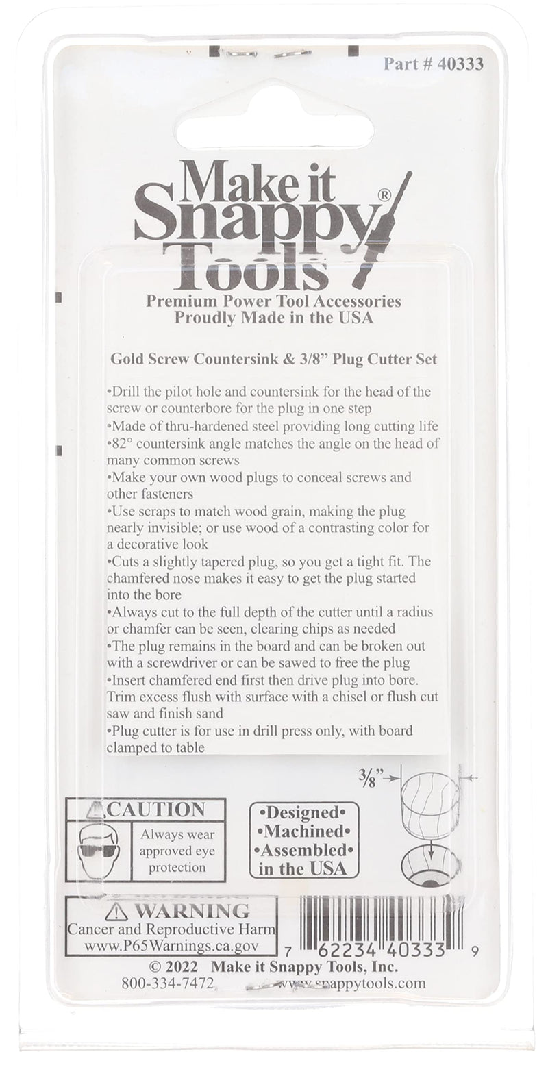 Make it Snappy Tools Quick-Change 2-Pc. Countersink Drill Bit Set with 3/8 Plug Cutter. Proudly Made in The USA.