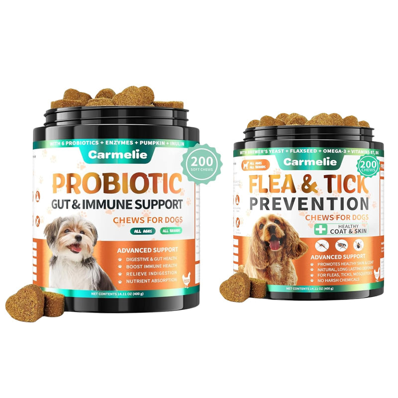 Probiotic & Flea Chews for Dogs - 200 Each - Natural Flea & Tick Prevention with Skin Support + Digestive, Gas & Immune Relief with Pumpkin & Enzymes - Chicken Flavor