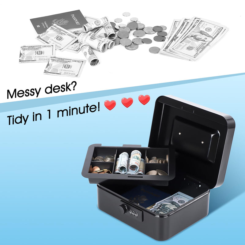 KYODOLED Cash Box with Combination Lock Safe Metal Money Box with Money Tray for Security Lock Box 7.87"x 6.30"x 3.35" Black Medium