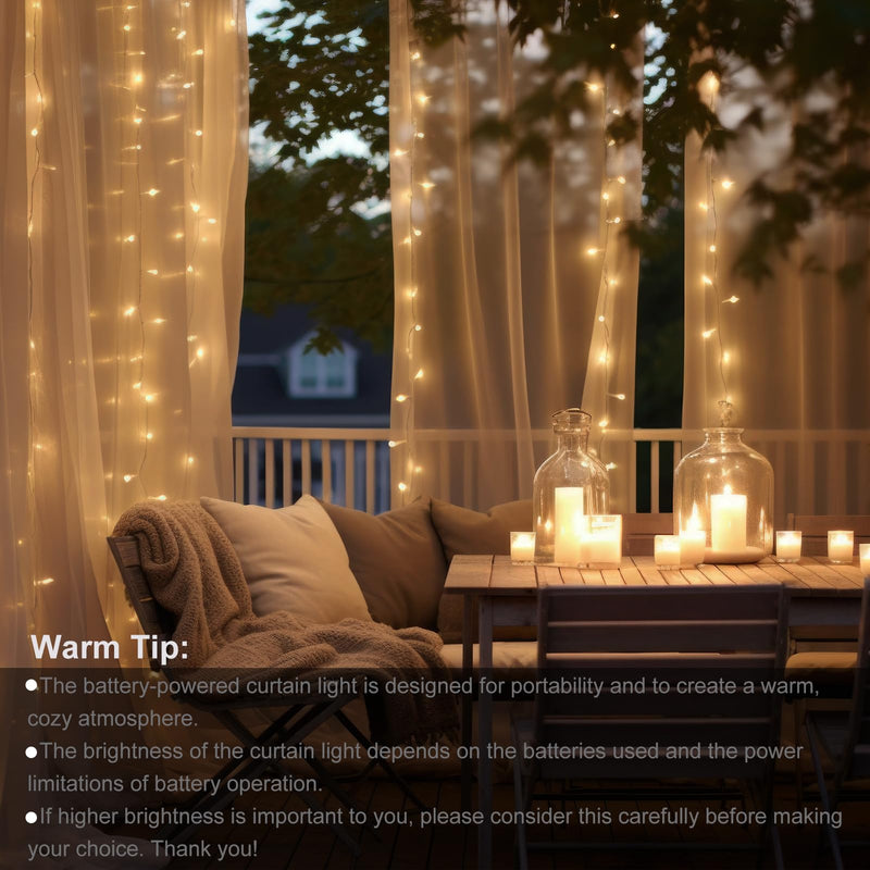echosari 300 LED Curtain Lights Battery Operated, 9.8ft×9.8ft Hanging Lights with Remote Timer Fairy Curtain Lights for Bedroom Patio Wedding Backdrop Party Decór (Warm White) Warm White